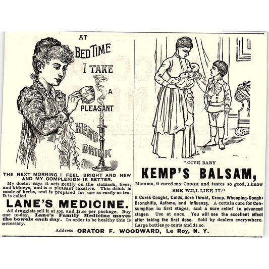 Lane's Medicine Kemp's Balsam Orator F. Woodward Le Roy NY 1892 Ad AG2-H5