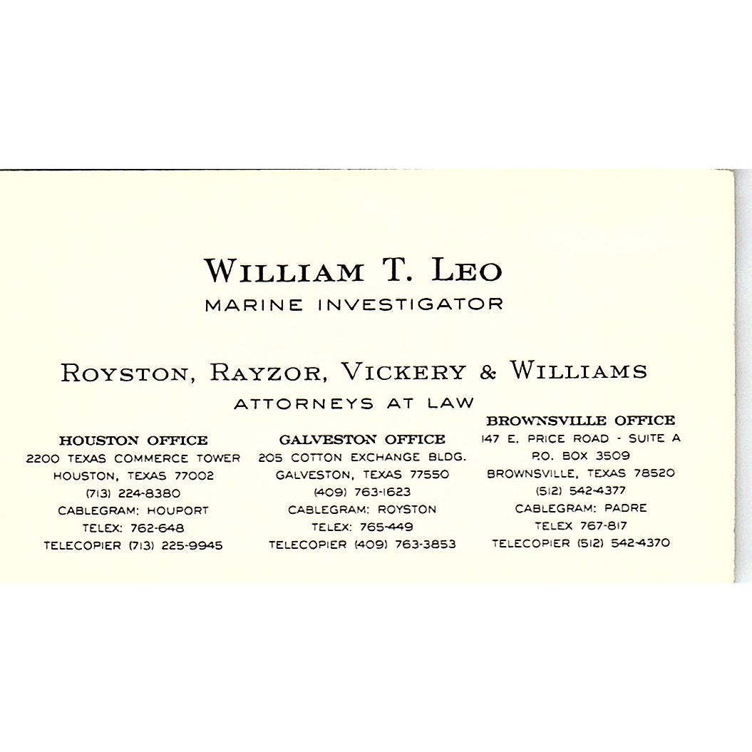 William T Leo Royston, Rayzor, Vickery & Williams Houston Business Card SC9-B2