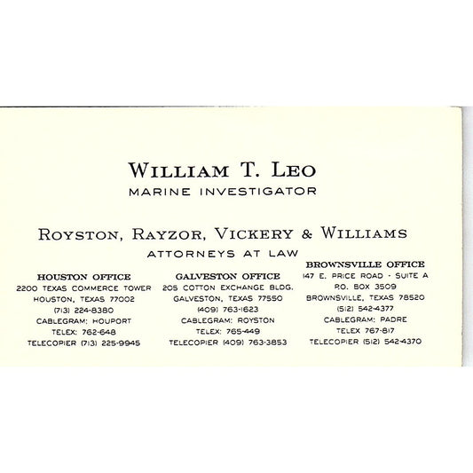 William T Leo Royston, Rayzor, Vickery & Williams Houston Business Card SC9-B2