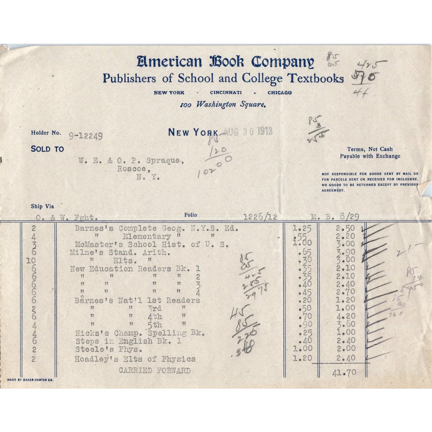 American Book Company Textbooks 1913 Original Billhead Letterhead Receipt D8-LL