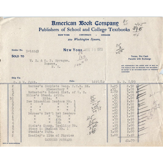 American Book Company Textbooks 1913 Original Billhead Letterhead Receipt D8-LL