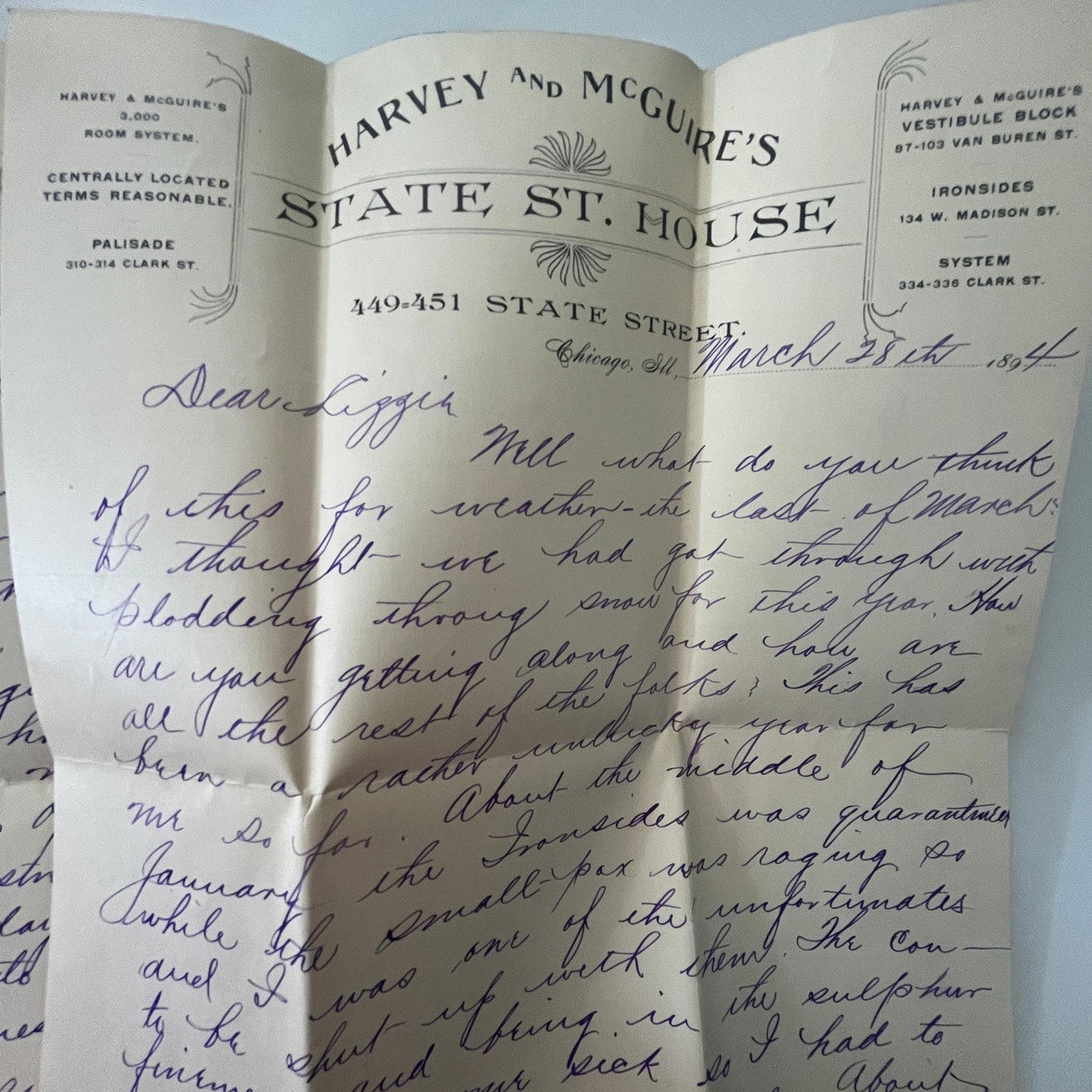 1894 Harvey & McGuire's State St. House Chicago Handwritten Letter AI9-H5