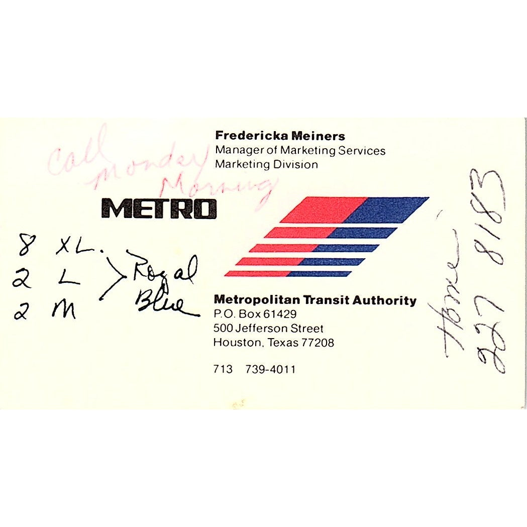 Metropolitan Transit Fredericka Meiners Houston Texas Business Card SB4-B5