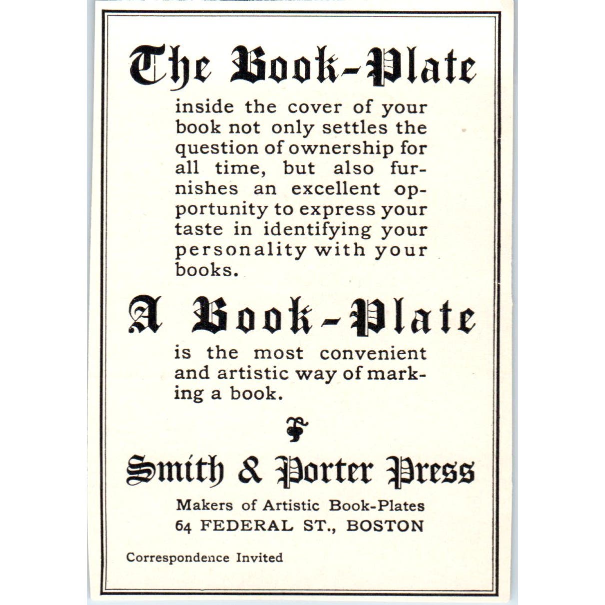 The Book-Plate Smith & Porter Press Boston c1905 Victorian Ad AE9-MA5