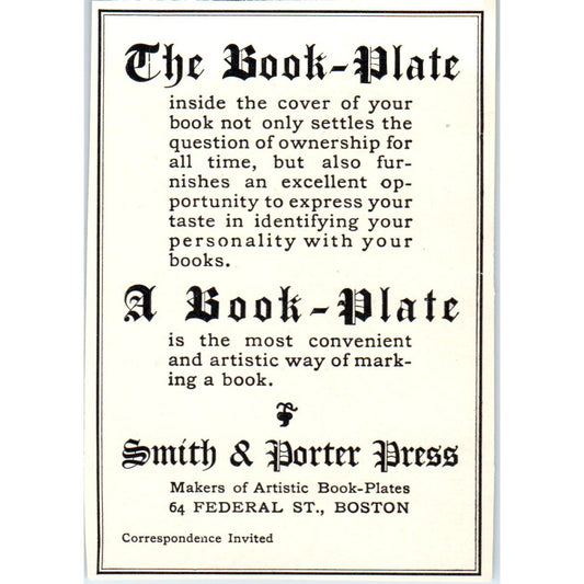 The Book-Plate Smith & Porter Press Boston c1905 Victorian Ad AE9-MA5