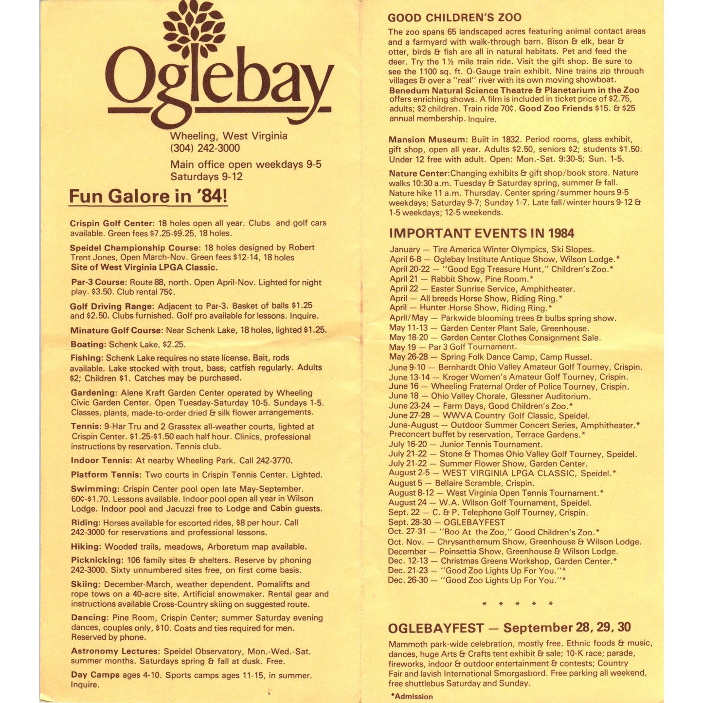 Vintage 1984 Oglebay Wheeling West Virginia Attractions Travel Brochure TH2-O2