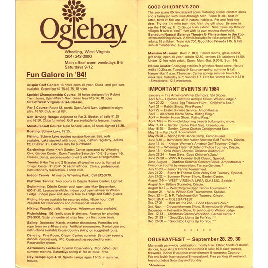 Vintage 1984 Oglebay Wheeling West Virginia Attractions Travel Brochure TH2-O2