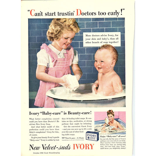 1942 Velvet-Suds Ivory Soap Baby Care Original Magazine Ad Ad 8x10 V4