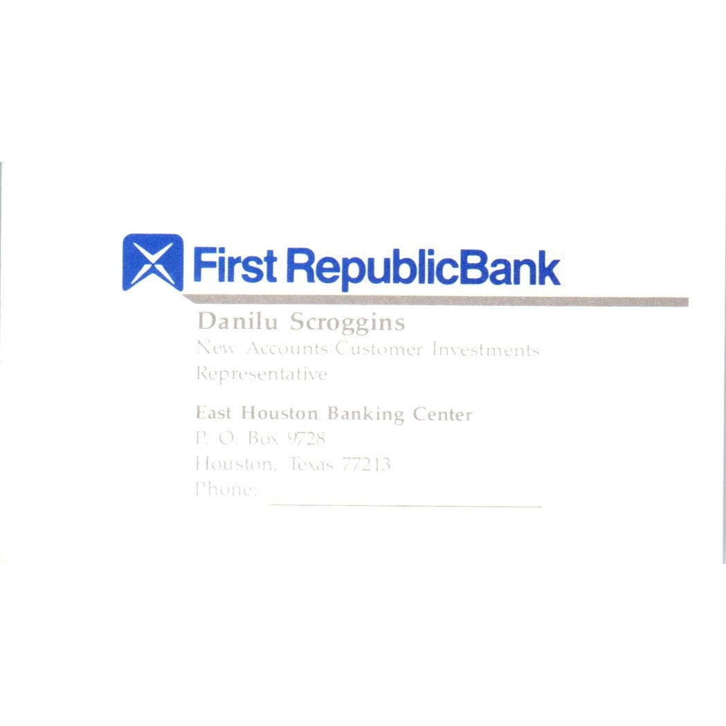 Danilu Scroggins First Republic Bank Houston TX Vintage Business Card SE3-B8