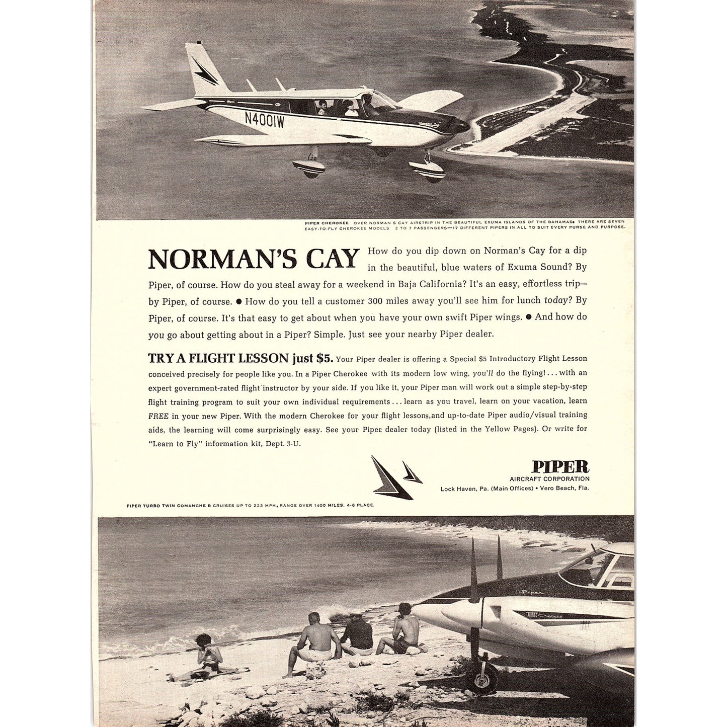 Norman's Cay - Piper Aircraft Corp Turbo Twin Comanche B 1967 Ad AG1-15