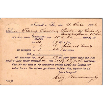 Aug. Reinwart Neuwelt SA Copitz 1906 German Reich Postcard P5-11