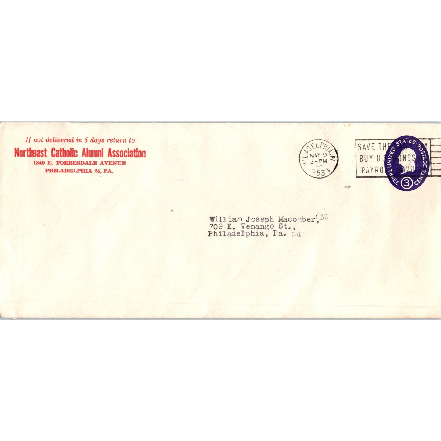 1953 Northeast Catholic Alumni Philadelphia Postal Cover Envelope TH9-L2
