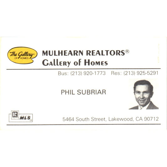 Phil Subriar Mulhearn Realtors Lakewood CA Vintage Business Card SD8-B2