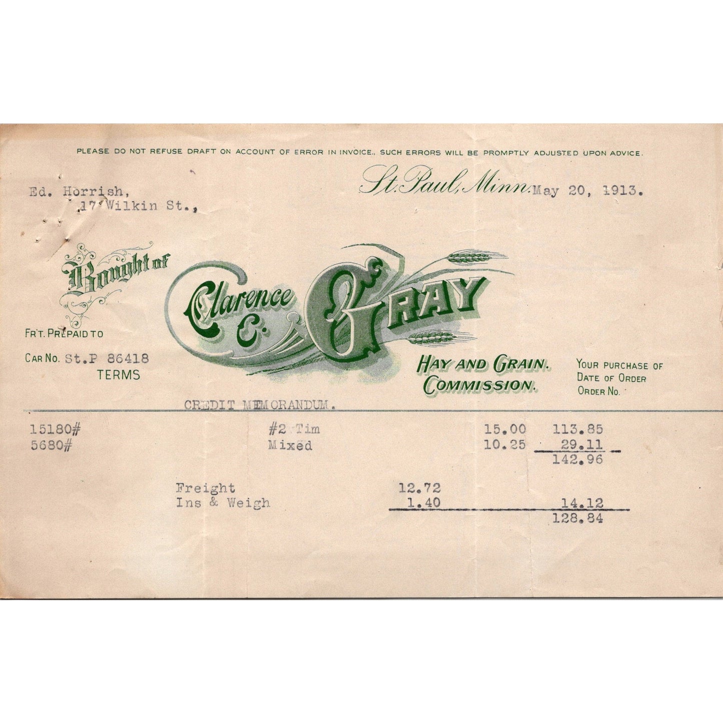 Clarence C. Gray Hay & Grain Commission St Paul MN c1913 Letterhead Billhead K24