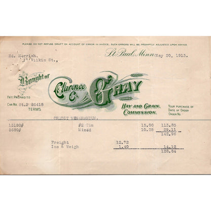 Clarence C. Gray Hay & Grain Commission St Paul MN c1913 Letterhead Billhead K24