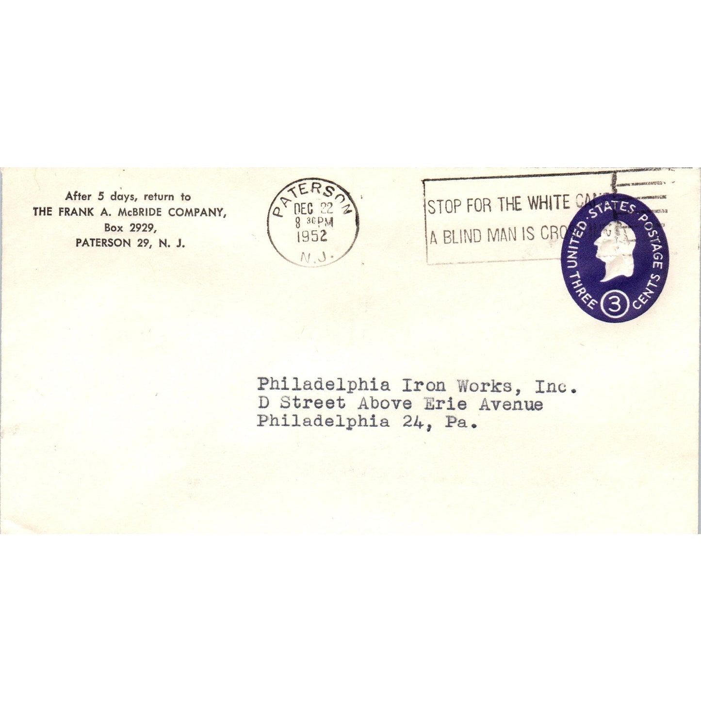 1952 Frank A McBride Co to Philadelphia Iron Works Postal Cover Envelope TG7-PC3