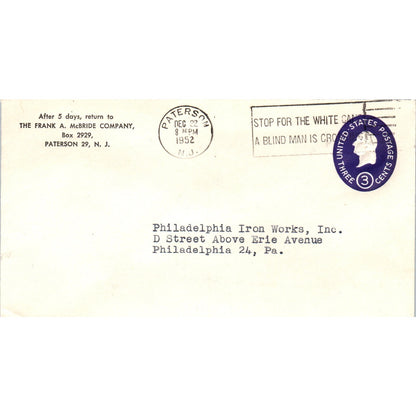 1952 Frank A McBride Co to Philadelphia Iron Works Postal Cover Envelope TG7-PC3