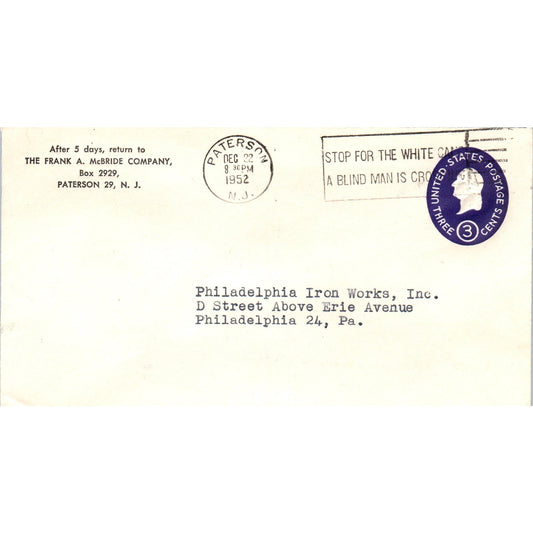 1952 Frank A McBride Co to Philadelphia Iron Works Postal Cover Envelope TG7-PC3