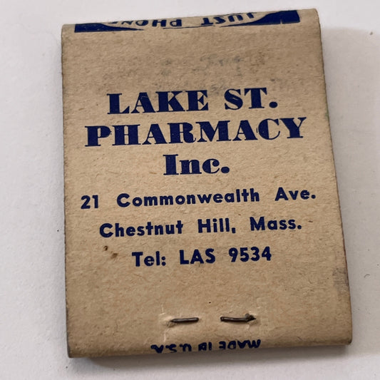 Lake St Pharmacy, Manet Pharmacy Chestnut Hill Vintage Matchbook Cover TB6-MB1-6