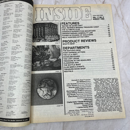 1986 Aug - Treasure Magazine - Treasure Hunting Metal Detecting Gold Coins M10