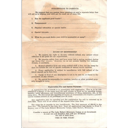 1950s Lake Hubert MN Camp Lincoln Boys Summer Camp Leaflet Form AE2