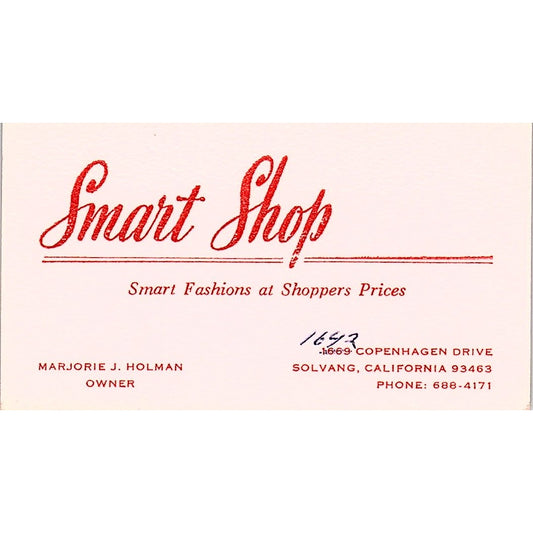 Marjorie J Holman Smart Shop Fashions Solvang CA Vintage Business Card SE5-B4