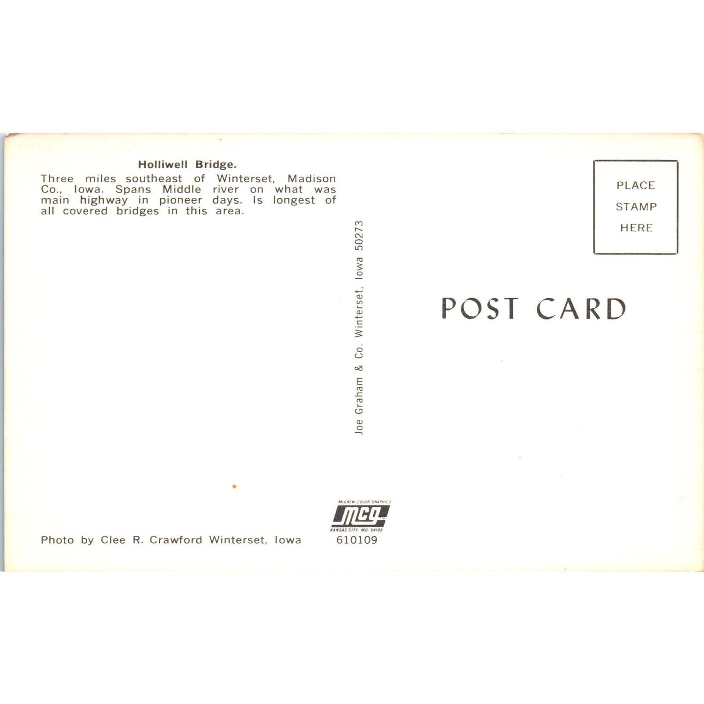 Holliwell Bridge Winterset Madison County Iowa Covered Bridge Postcard PB10