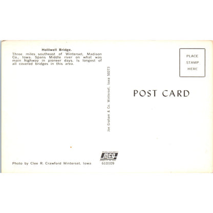 Holliwell Bridge Winterset Madison County Iowa Covered Bridge Postcard PB10
