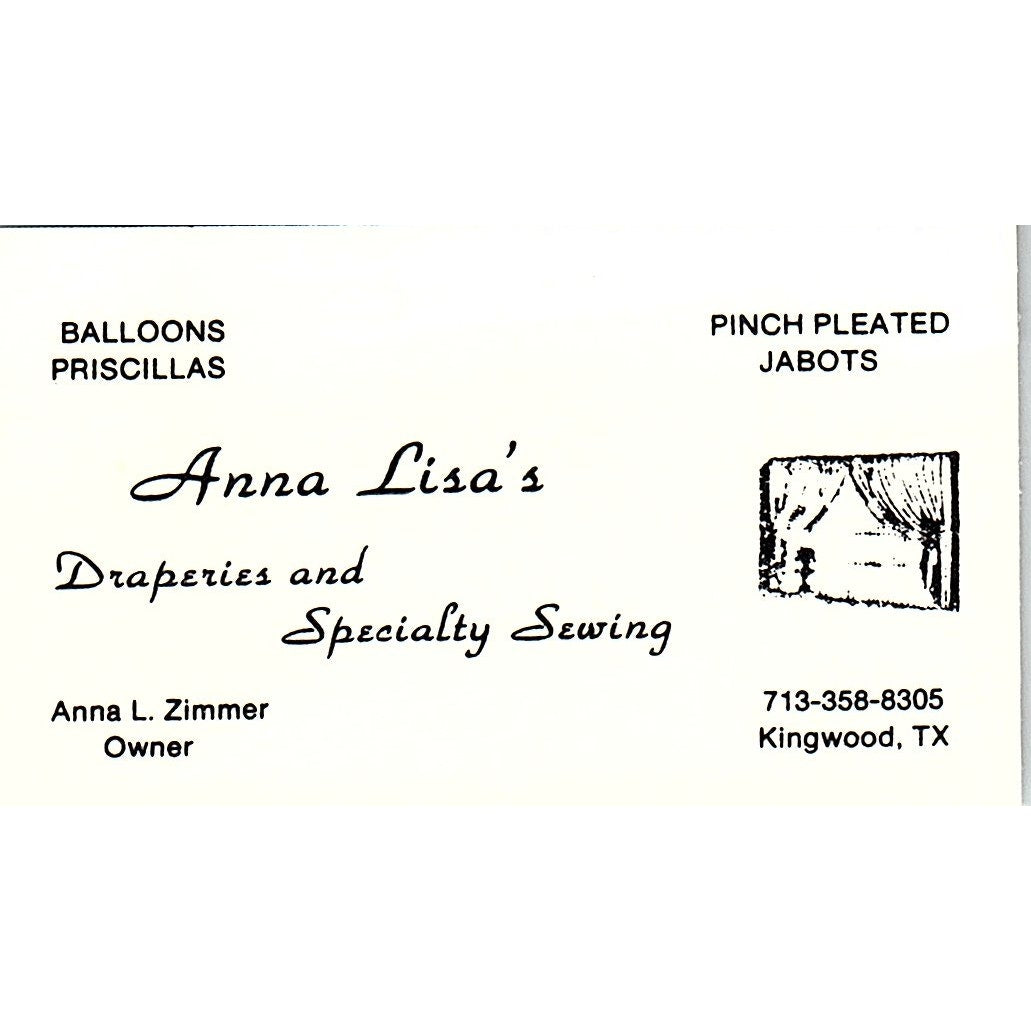 Anna Lisa's Draperies Anna L Zimmer Kingwood TX Vintage Business Card SC9-B1