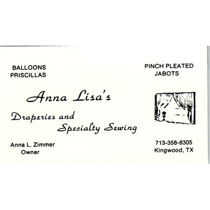 Anna Lisa's Draperies Anna L Zimmer Kingwood TX Vintage Business Card SC9-B1
