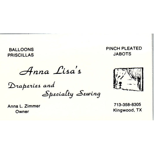 Anna Lisa's Draperies Anna L Zimmer Kingwood TX Vintage Business Card SC9-B1