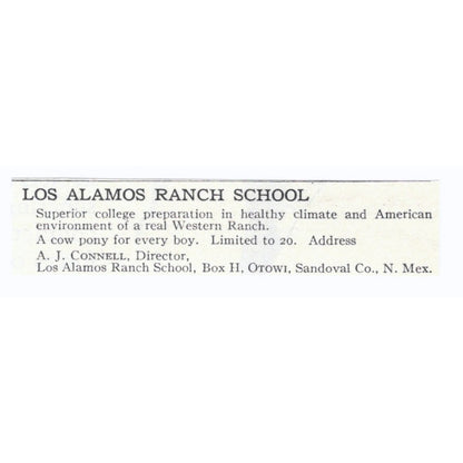 Los Alamos Ranch School A.J. Connell Sandoval NM 1924 Magazine Ad AD8-O9