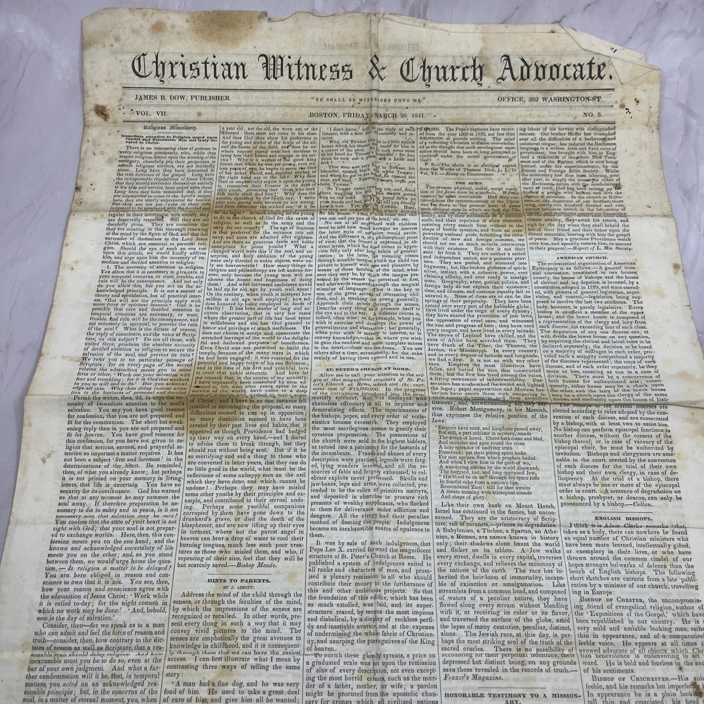 1841 March 26 Original Christian Witness Newspaper Boston MA V14-5