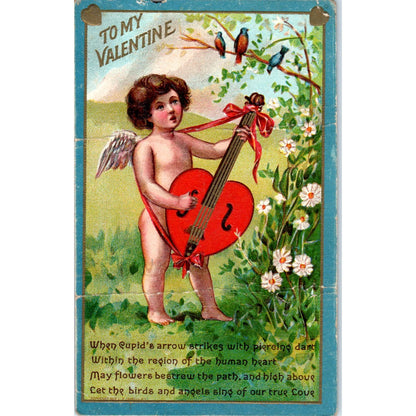 1910 Valentine's Cupid Lute Poem Embossed Antique Postcard PC8