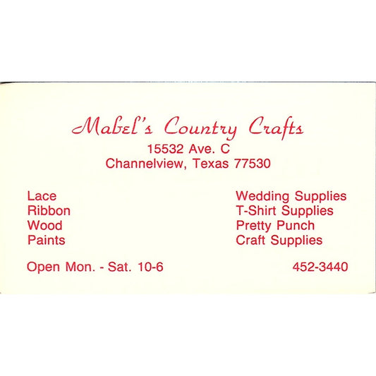 Mabel's Country Crafts Lace Ribbon Channelview TX Vintage Business Card SF3-B4