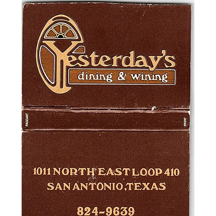 Yesterday's Dining & Wining San Antonio TX Vintage Matchbook TB6-MB2-12