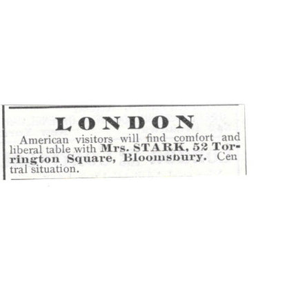 London Boarding House Mrs Stark Torrington Square Bloomsbury 1903 Ad AG3-S13