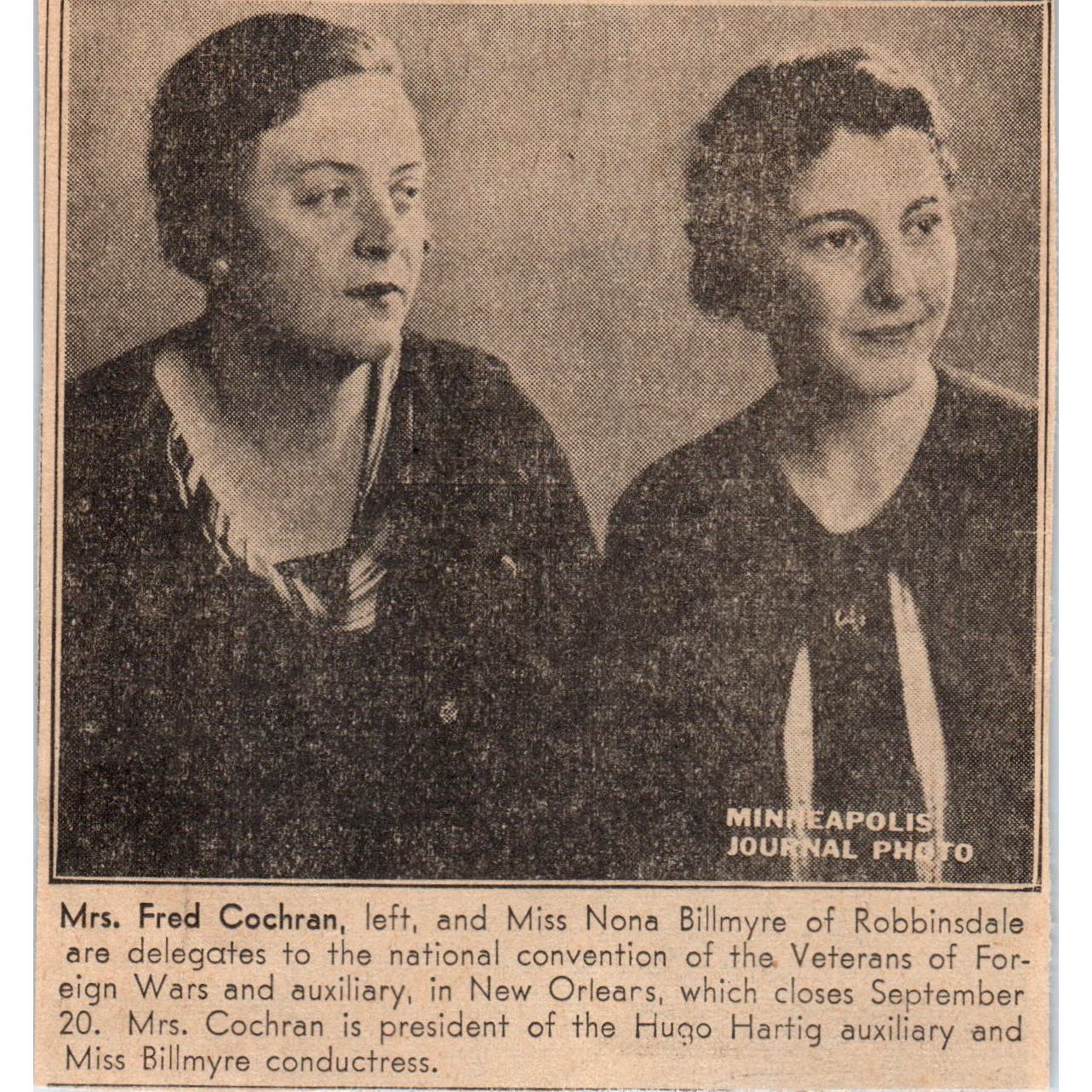 Mrs. Cochran & Nona Billmyre Robbinsdale VFW Convention Newspaper Article AE7-N3