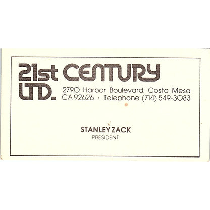 21st Century Ltd  Stanley Zack Boulevard Costa Mesa Vintage Business Card SB4-B9