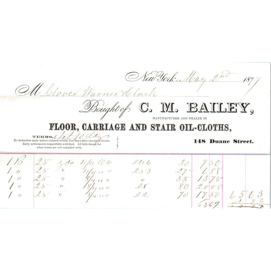 1877 C.M. Bailey Oil-Cloths New York Receipt Letterhead D24