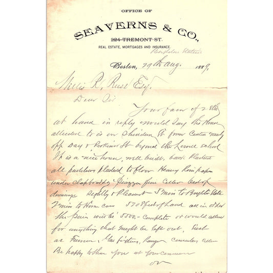 1889 Office of Seaverns & Co Letterhead Memo Boston MA AF4-2