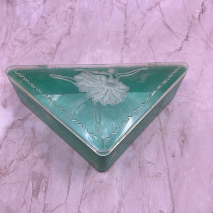 Vintage Hommer Triangular Plastic Hankie Vanity Box Ballerina Teal Celluloid TG8