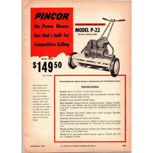 1949 Pincor Products Power Mower P-22 Chicago Farm Equipment 2 Page Ad I16
