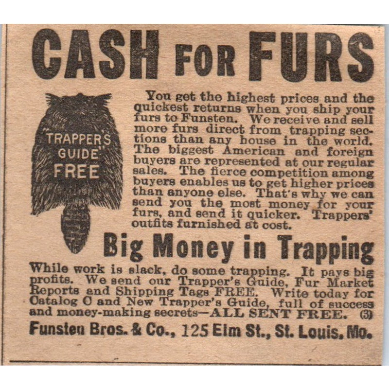 Cash for Furs Funsteau Bros & Co St. Louis MO 1910 Magazine Ad AF1-CM2