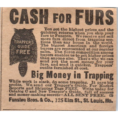 Cash for Furs Funsteau Bros & Co St. Louis MO 1910 Magazine Ad AF1-CM2