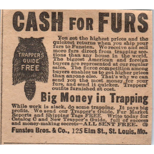 Cash for Furs Funsteau Bros & Co St. Louis MO 1910 Magazine Ad AF1-CM2