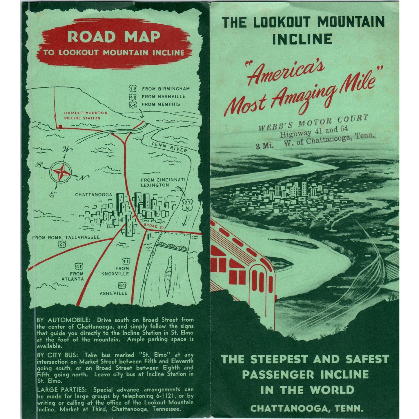 Vtg Lookout Mountain Incline Webb's Motor Court TN Travel Brochure AE8