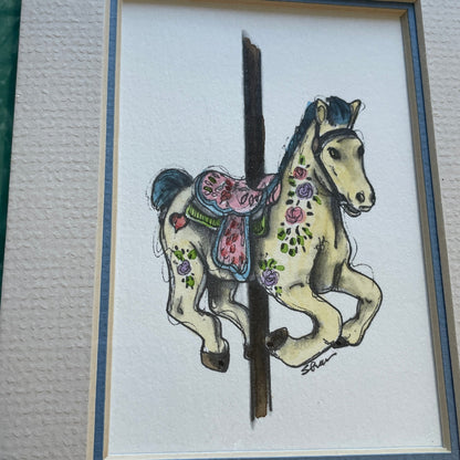 Yellow Carousel Horse 5x7 Matted Print Hand Watercolor, Signed Shar Coulson
