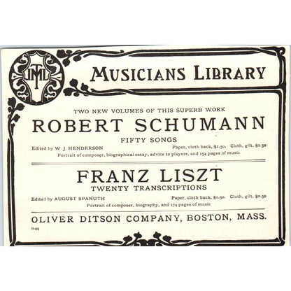 Robert Schumann The Musicians Library Oliver Ditson Boston c1905 Ad AE9-MA2
