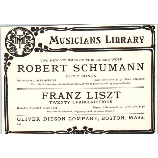 Robert Schumann The Musicians Library Oliver Ditson Boston c1905 Ad AE9-MA2
